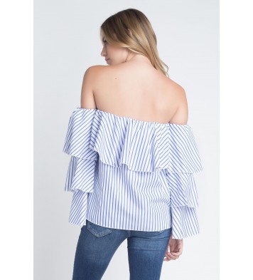 Women's Off Shoulder Stripe Ruffle Long Sleeve Top