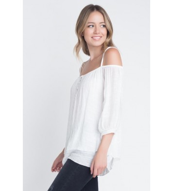 Women's 3/4 Sleeve Cold Shoulder Buttoned Top