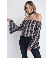 Women's Off Shoulder Casual Stripe Bell Sleeve Top