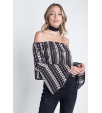 Women's Off Shoulder Casual Stripe Bell Sleeve Top