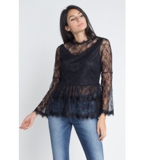 Women's Semi Lace Zipper Back Flare Sleeve Blouse