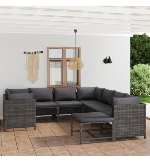 vidaXL 9 Piece Patio Lounge Set with Cushions Poly Rattan Gray