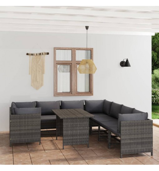 vidaXL 9 Piece Patio Lounge Set with Cushions Poly Rattan Gray