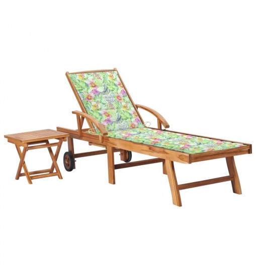 vidaXL Sun Lounger with Table and Cushion Solid Teak Wood