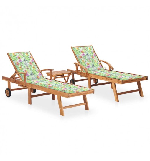 vidaXL Sun Loungers 2 pcs with Table and Cushion Solid Teak Wood