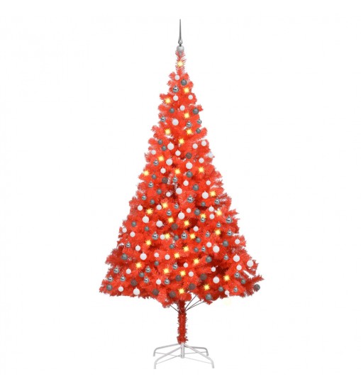 vidaXL Artificial Christmas Tree with LEDs&Ball Set Red 94.5" PVC