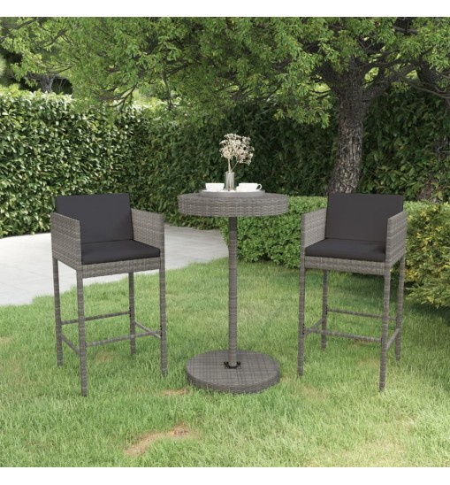 vidaXL 3 Piece Patio Bar Set with Cushions Poly Rattan Gray