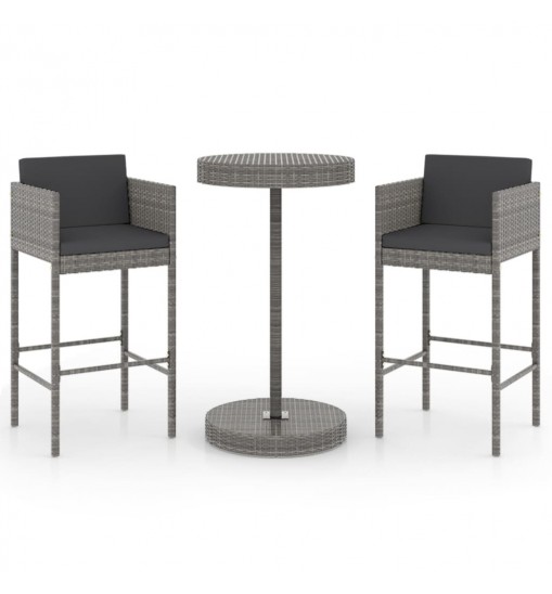 vidaXL 3 Piece Patio Bar Set with Cushions Poly Rattan Gray