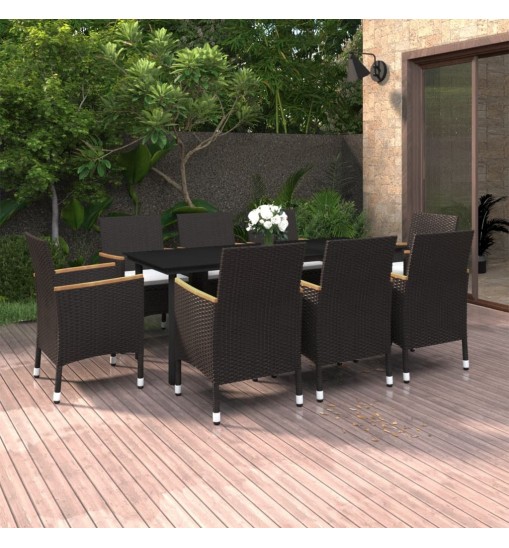 vidaXL 9 Piece Patio Dining Set with Cushions Poly Rattan and Glass