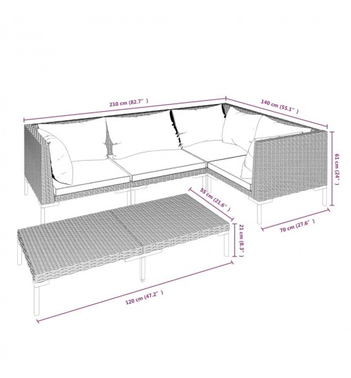 vidaXL 5 Piece Patio Lounge Set with Cushions Poly Rattan Dark Gray