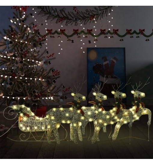 vidaXL Reindeer & Sleigh Christmas Decoration 100 LEDs Outdoor Gold