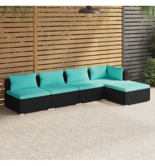 vidaXL 5 Piece Patio Lounge Set with Cushions Poly Rattan Black