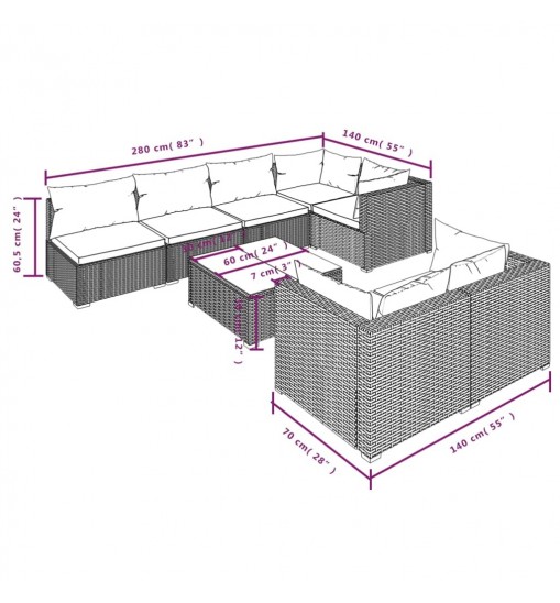 vidaXL 8 Piece Patio Lounge Set with Cushions Brown Poly Rattan