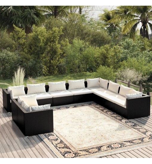 vidaXL 10 Piece Patio Lounge Set with Cushions Black Poly Rattan