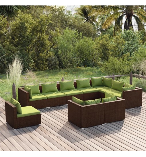 vidaXL 10 Piece Patio Lounge Set with Cushions Poly Rattan Brown