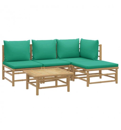 vidaXL 5 Piece Patio Lounge Set with Green Cushions Bamboo