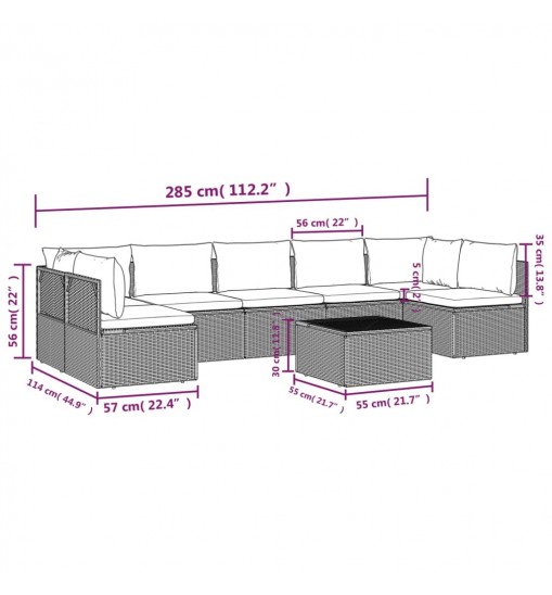 vidaXL 8 Piece Patio Lounge Set with Cushions Gray Poly Rattan