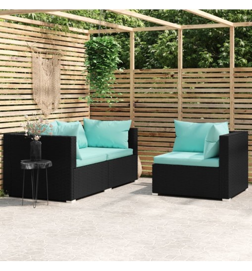 vidaXL 3 Piece Patio Lounge Set with Cushions Black Poly Rattan