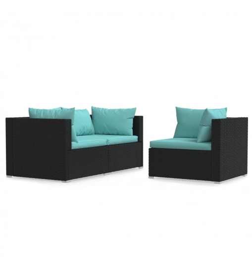 vidaXL 3 Piece Patio Lounge Set with Cushions Black Poly Rattan