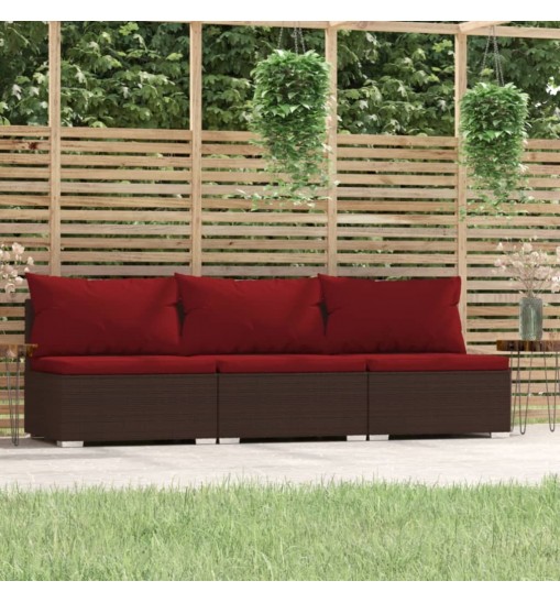 vidaXL 3 Seat Patio Sofa with Cushions Brown Poly Rattan