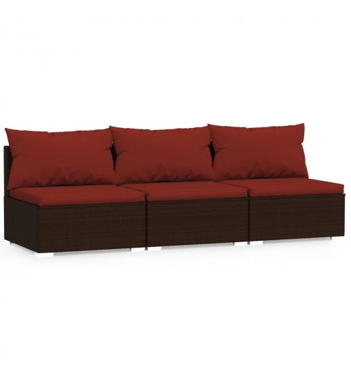 vidaXL 3 Seat Patio Sofa with Cushions Brown Poly Rattan