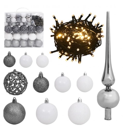 vidaXL 120 Piece Christmas Ball Set with Peak and 300 LEDs White&Gray