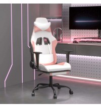 vidaXL Massage Gaming Chair with Footrest White&Pink Faux Leather