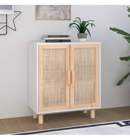 vidaXL Sideboard White 23.6"x11.8"x27.6" Solid Wood Pine and Natural Rattan