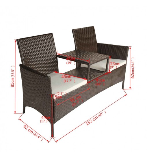 vidaXL 2-Seater Patio Sofa with Tea Table Poly Rattan Brown