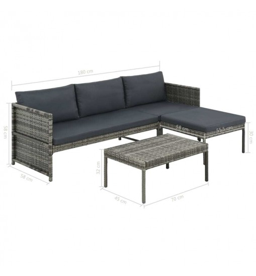 vidaXL 3 Piece Patio Lounge Set with Cushions Poly Rattan Gray