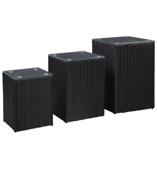 vidaXL Side Tables 3 pcs with Glass Top Black Poly Rattan