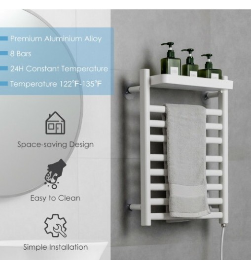 110W Electric Heated Towel Rack with Top Tray for Bathroom and Kitchen