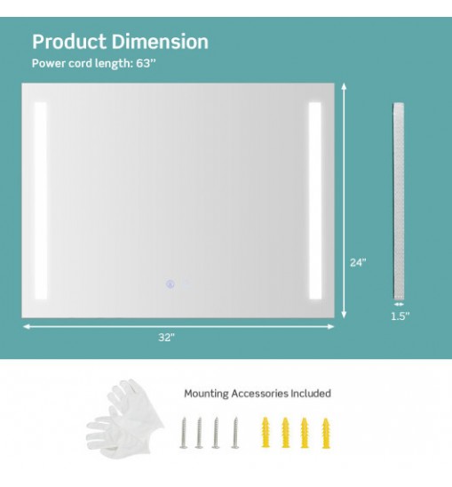 32 x 24 Inch Quadrate Wall Mirror with 3-Color Lights and  Anti-Fog Function