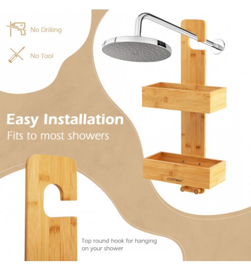 2-Tier Bamboo Hanging Shower Caddy Bathroom Shelf with 2 Hooks-Natural