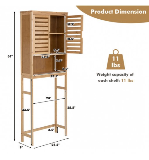 Bamboo Over The Toilet Storage Cabinet Bathroom with Adjustable Shelf-Natural