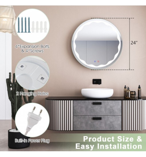 24 Inch Round Wall Mirror with 3-Color LED Lights and Smart Touch Button