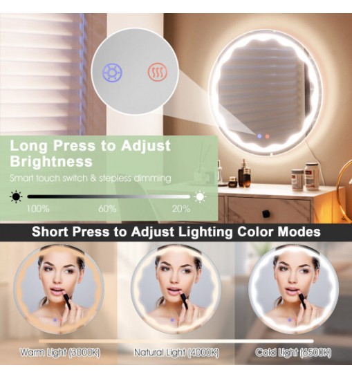 24 Inch Round Wall Mirror with 3-Color LED Lights and Smart Touch Button