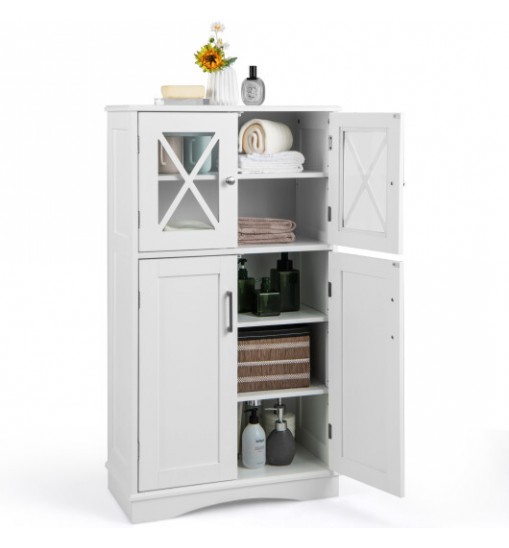 4 Doors Freeestanding Bathroom Floor Cabinet with Adjustable Shelves-White