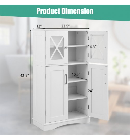 4 Doors Freeestanding Bathroom Floor Cabinet with Adjustable Shelves-White