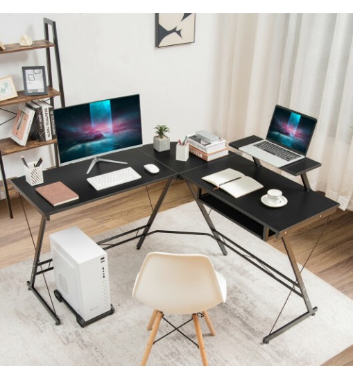 L Shaped Computer Desk Home Office Workstation with Movable Monitor Stand-Black