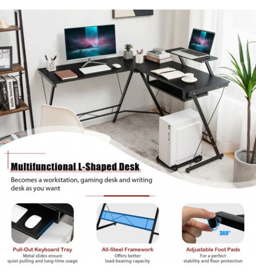 L Shaped Computer Desk Home Office Workstation with Movable Monitor Stand-Black