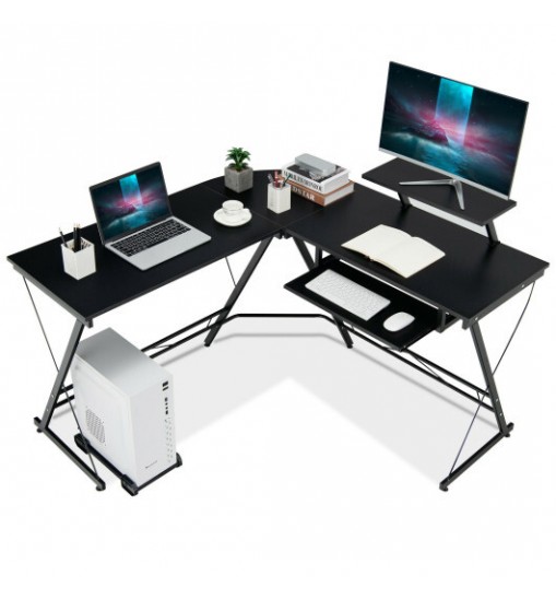 L Shaped Computer Desk Home Office Workstation with Movable Monitor Stand-Black