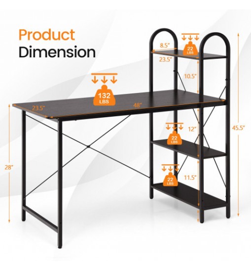 Reversible Computer Desk Study Workstation Home Office 4-tier Bookshelf-Brown