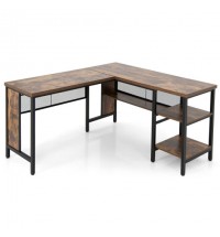 Industrial L-Shaped Corner Computer Desk Office Workstation with Storage Shelves-Rustic Brown