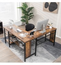 Industrial L-Shaped Corner Computer Desk Office Workstation with Storage Shelves-Rustic Brown