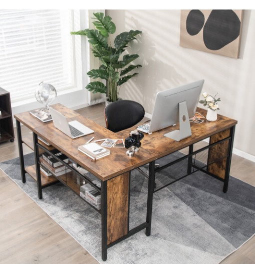 Industrial L-Shaped Corner Computer Desk Office Workstation with Storage Shelves-Rustic Brown