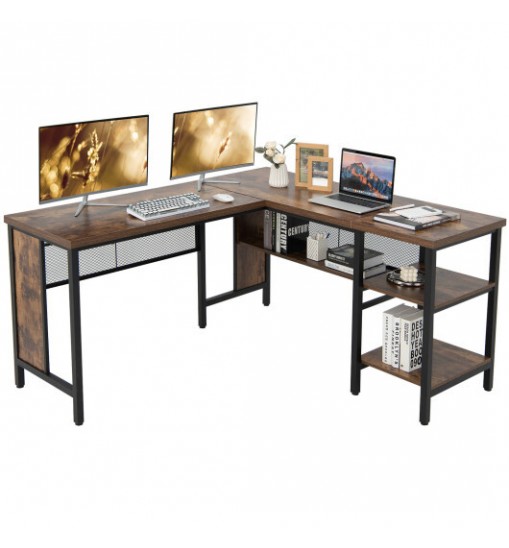 Industrial L-Shaped Corner Computer Desk Office Workstation with Storage Shelves-Rustic Brown