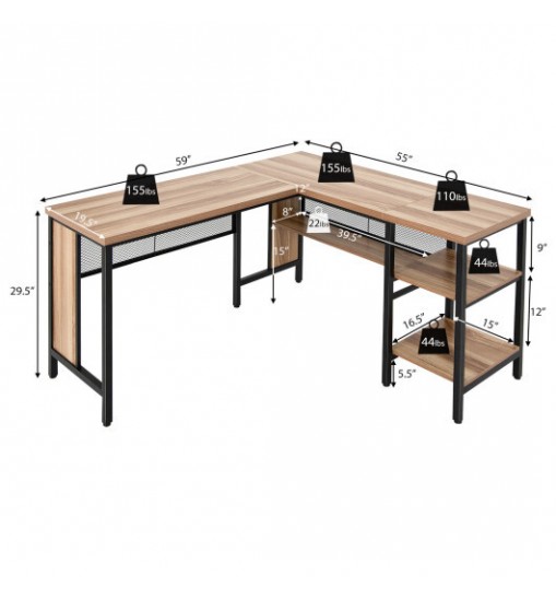 Industrial L-Shaped Corner Computer Desk Office Workstation with Storage Shelves-Rustic Brown