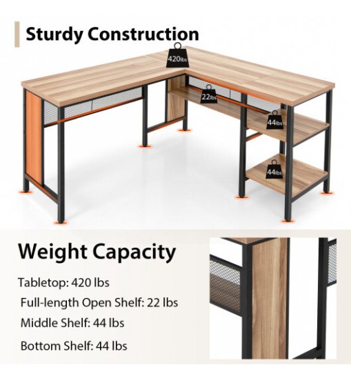 Industrial L-Shaped Corner Computer Desk Office Workstation with Storage Shelves-Rustic Brown