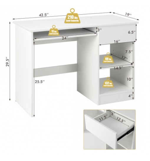 Wooden Computer Desk with CPU Stand-White